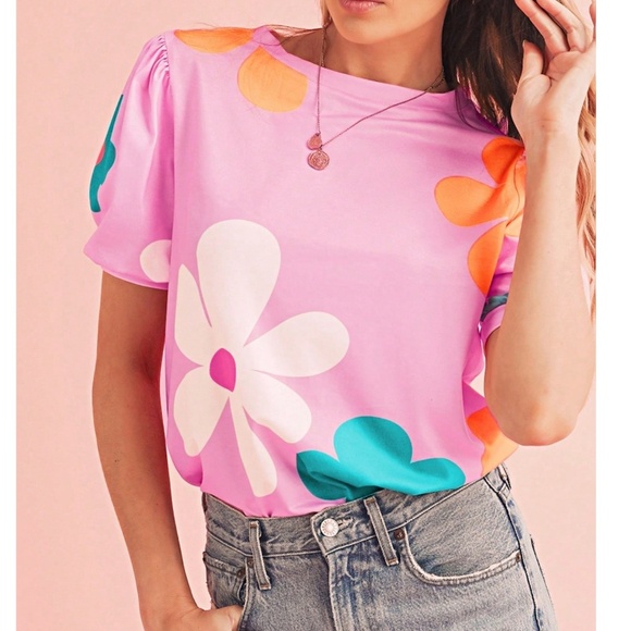 09 Boho Floral Print Puff Short Sleeve Blouse - Picture 4 of 5